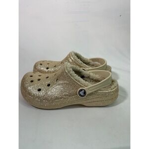 Kids Crocs Glitter Lined Faux Fur Clogs Sparkle Cozy Gold/Cream Size J3